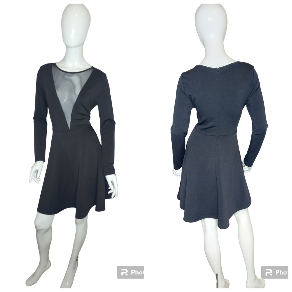 SHEIN Deep V-Neck Sheer Skater Circle LBD Little Black Dress Long sleeve Emo